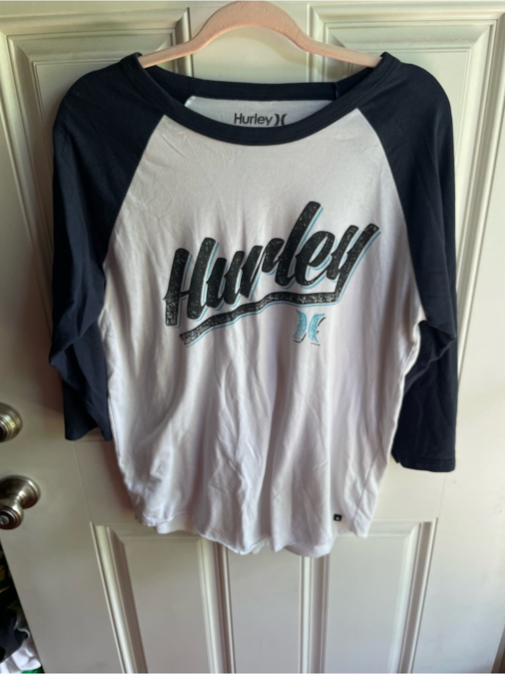 Hurley White Tee with Black Raglan Sleeves and Logo